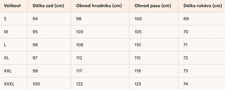 Těhotenský župan Velvet Tabulka velikostí